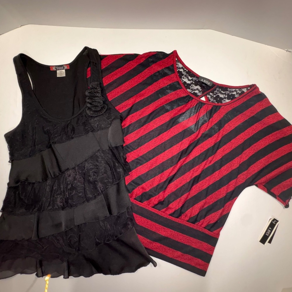 Womens A Byer Striped Lace Top & Trixxi Ruffle Tank Bundle Black Red Large